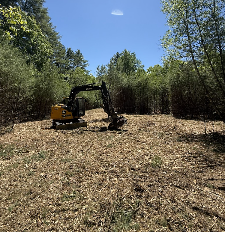 Cleared open ground with the excavator working the finished area